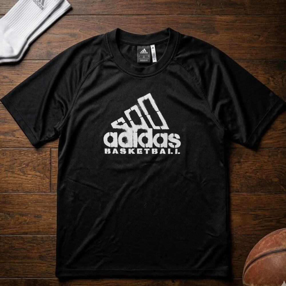 Adidas Basketball Shirt Men Large Black Stencil Logo Performance Mesh Activewear
